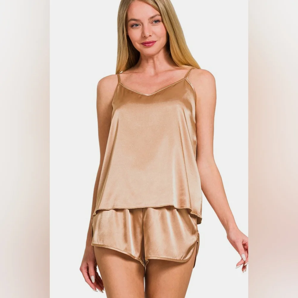 Zenana V-Neck Satin Cami and Elastic Waist Shorts Lounge Set - Picture 3 of 3